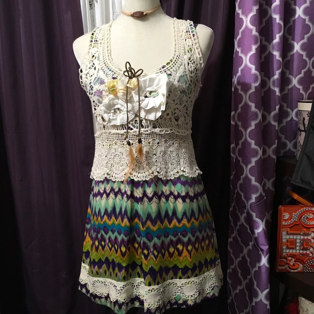 Diane Samandi silk mini dress & crocheted vest XS
